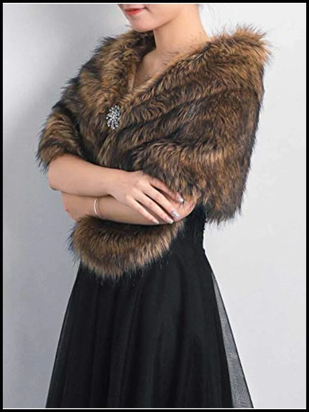Faux Fur Wrap Shawl Bridal Scarf Stole with Brooch